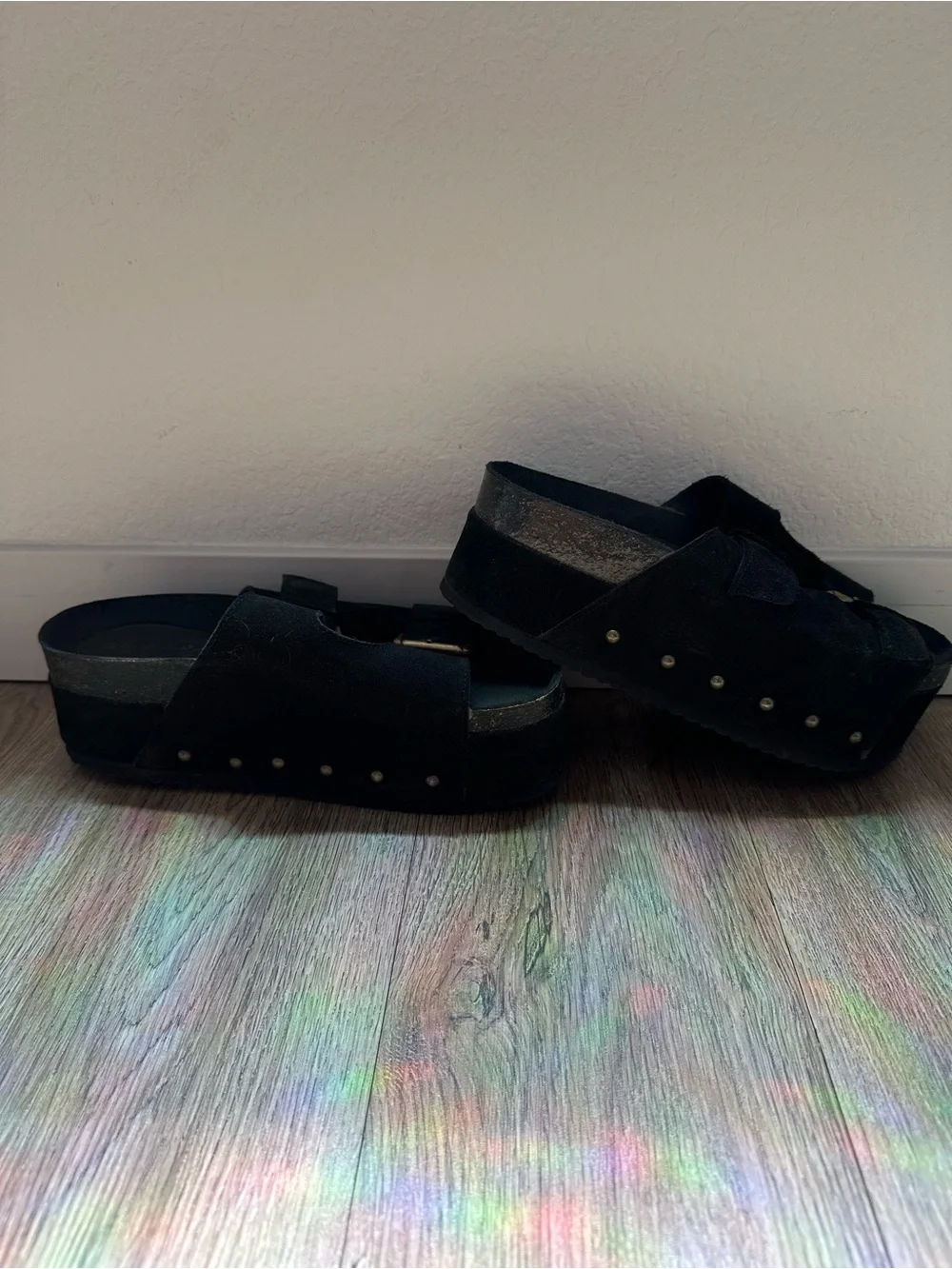INTENTIONALLY BLANK Black Suede Double Buckle Platform Sandals - Picture 6 of 8
